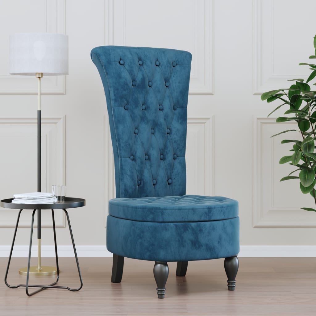 Stol Høy Rygg Blå Fløyelsknappdesign