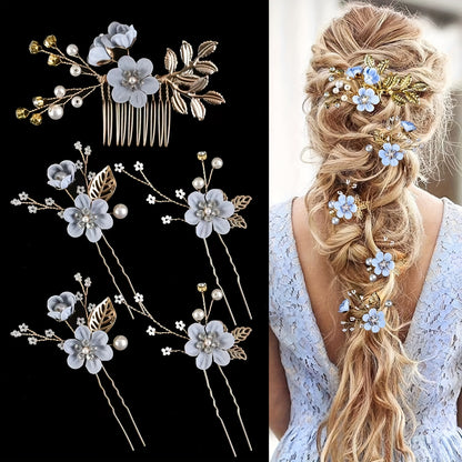 5pcs Elegant Bridal Hairpins – Floral & Pearl Wedding Accessories