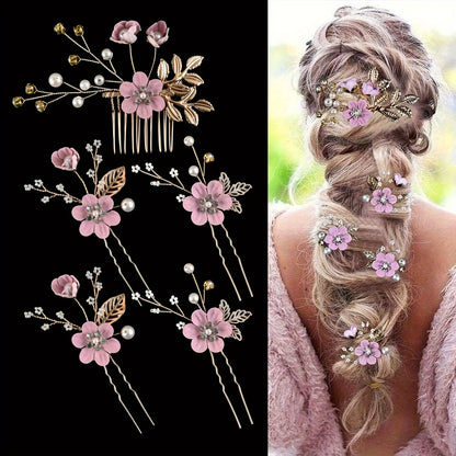 5pcs Elegant Bridal Hairpins – Floral & Pearl Wedding Accessories