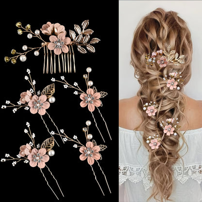 5pcs Vintage Pearl & Rhinestone Hairpins – Elegant Bridal Accessories