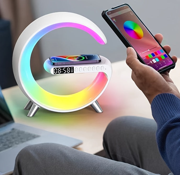 4-in-1 Wireless Charger Stand – Alarm Clock, Speaker & APP-controlled RGB Light