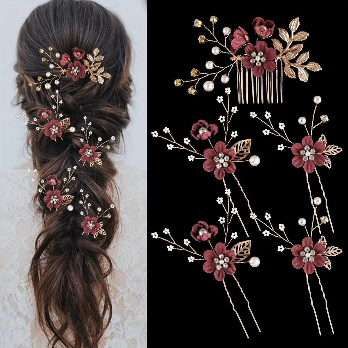 5pcs Elegant Bridal Hairpins – Floral & Pearl Wedding Accessories