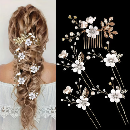 5pcs Elegant Bridal Hairpins – Floral & Pearl Wedding Accessories