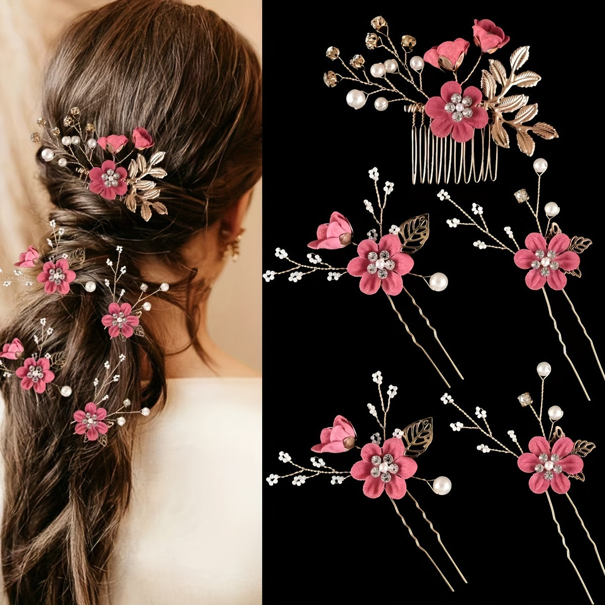 5pcs Elegant Bridal Hairpins – Floral & Pearl Wedding Accessories