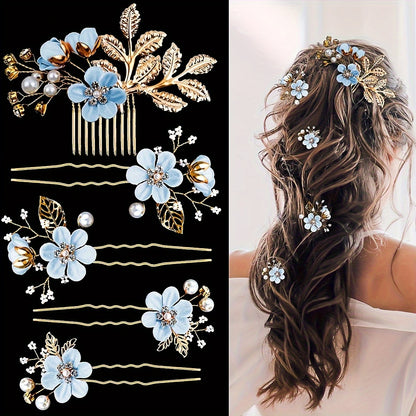 5pcs Bridal Flower Hair Clips – Pearl & Rhinestone Wedding Accessories