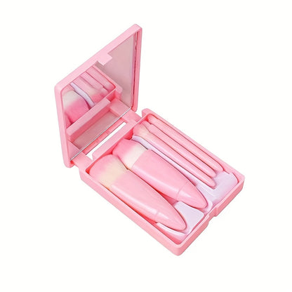 5pcs Travel Makeup Brush Set with Mirror – Perfect for Beginners & On-the-Go Beauty