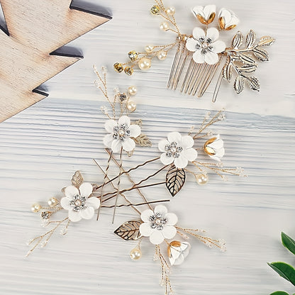 5pcs Bridal Flower Hair Clips – Pearl & Rhinestone Wedding Accessories