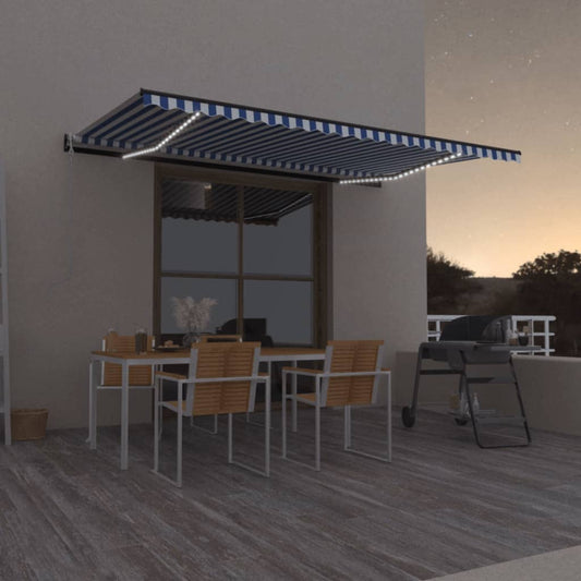 Automatisk Markise Med Vindsensor Og Led 500X300 Cm Blå Og Hvit