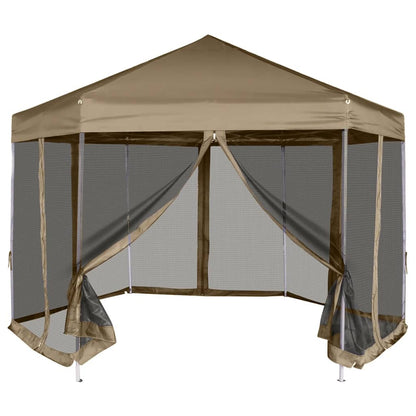 Popup Telt Med Sidevegger Sekskantet 3,6X3,1 M Gråbrun 220G/M²