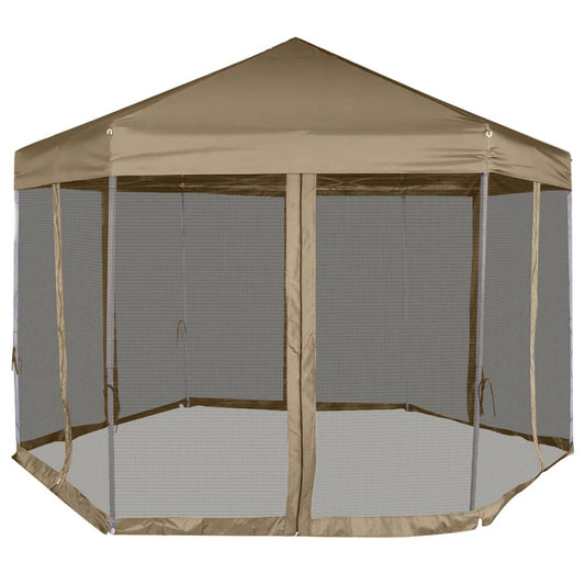 Popup Telt Med Sidevegger Sekskantet 3,6X3,1 M Gråbrun 220G/M²