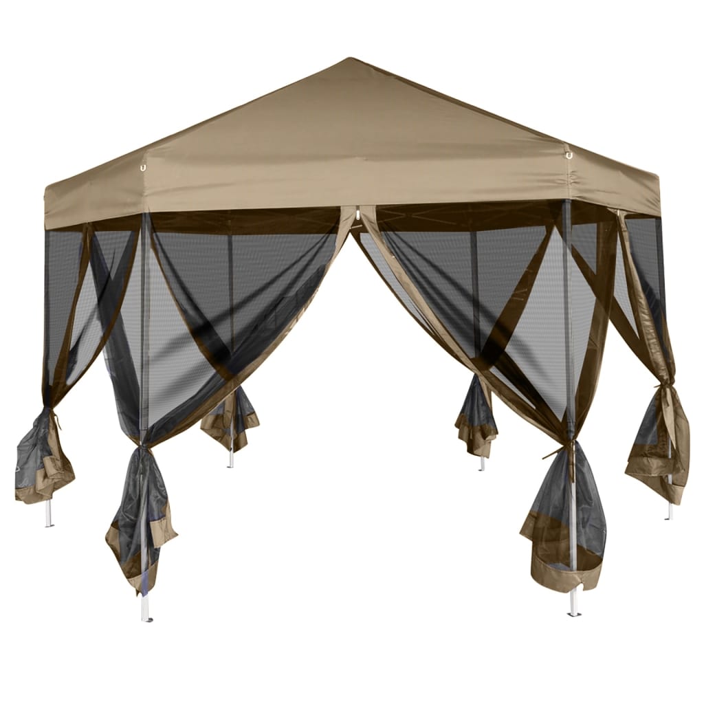 Popup Telt Med Sidevegger Sekskantet 3,6X3,1 M Gråbrun 220G/M²