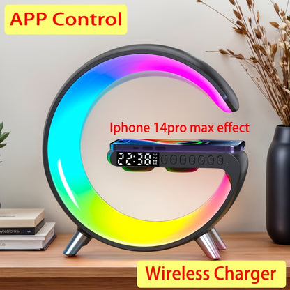 4-in-1 Wireless Charger Stand – Alarm Clock, Speaker & APP-controlled RGB Light