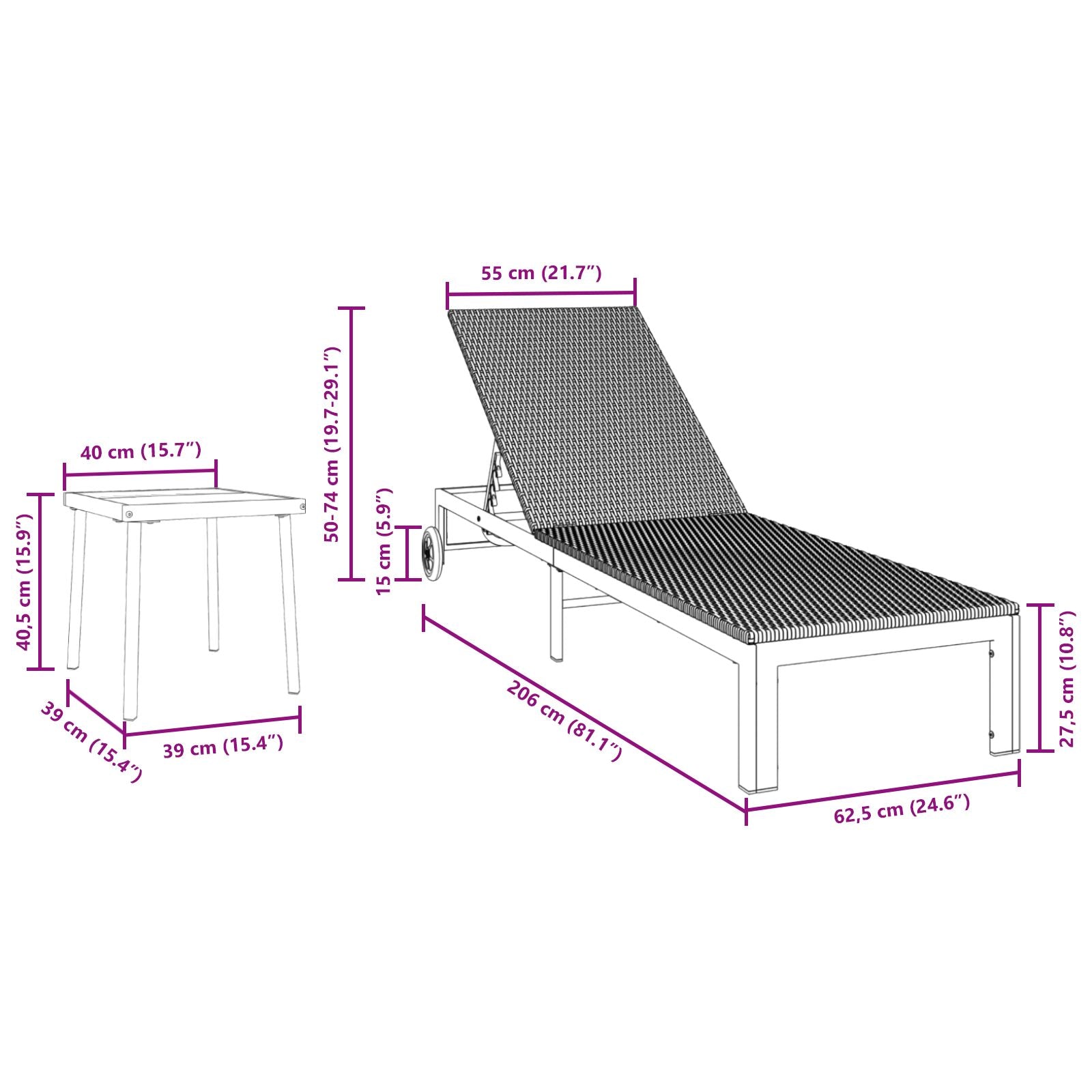 Solsenger 2 Stk Med Hjul Og Bord Svart Poly Rattan