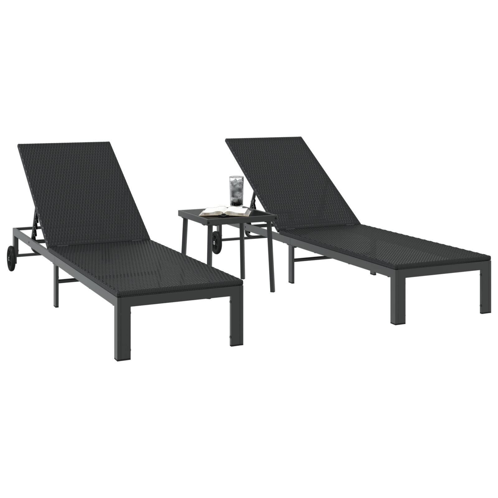 Solsenger 2 Stk Med Hjul Og Bord Svart Poly Rattan