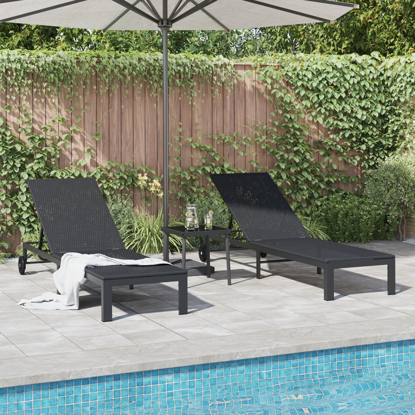 Solsenger 2 Stk Med Hjul Og Bord Svart Poly Rattan