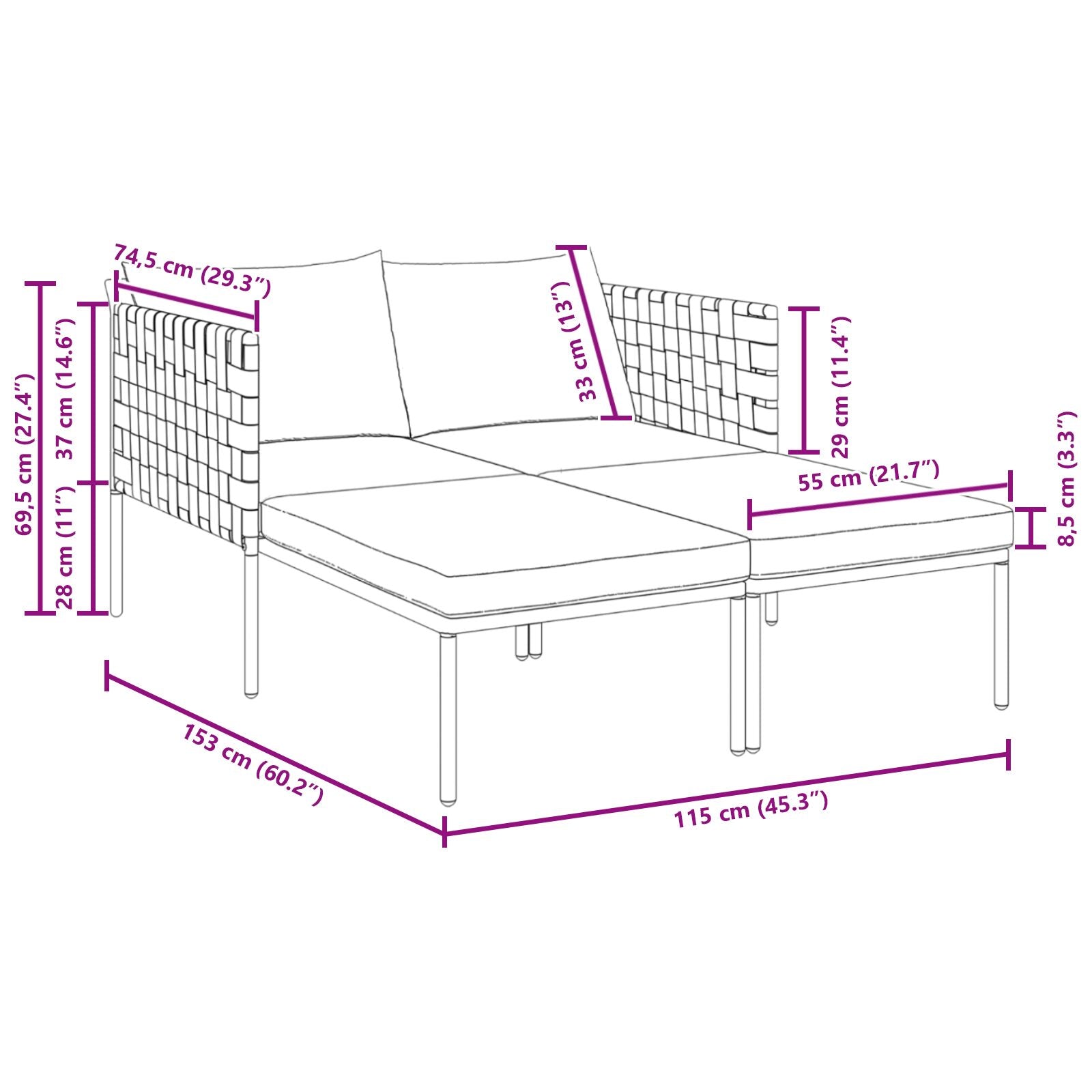 Solseng Med Puter For 2 Personer Anthracite 115X153X69,5 Cm Stål