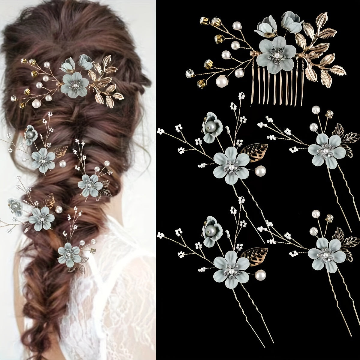 5pcs Elegant Bridal Hairpins – Floral & Pearl Wedding Accessories