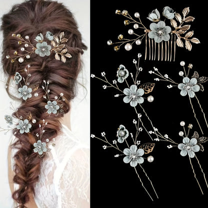 5pcs Elegant Bridal Hairpins – Floral & Pearl Wedding Accessories