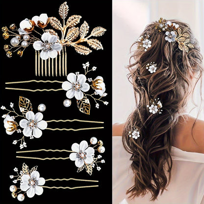 5pcs Bridal Flower Hair Clips – Pearl & Rhinestone Wedding Accessories