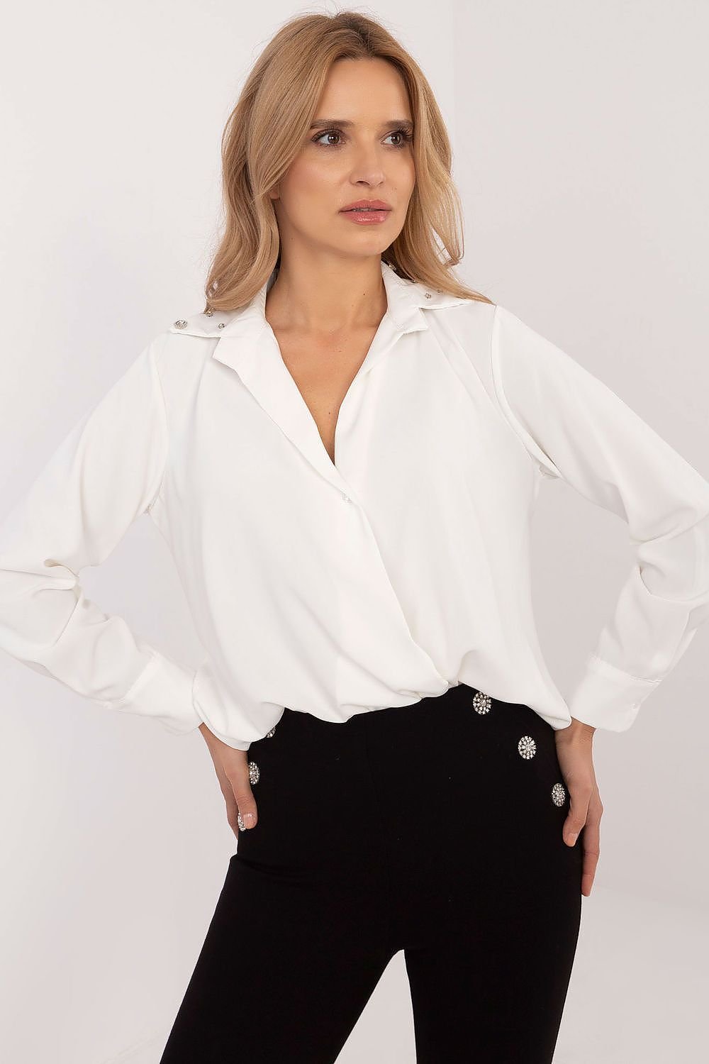 Classic Shirt with Zircon-Accented Collar