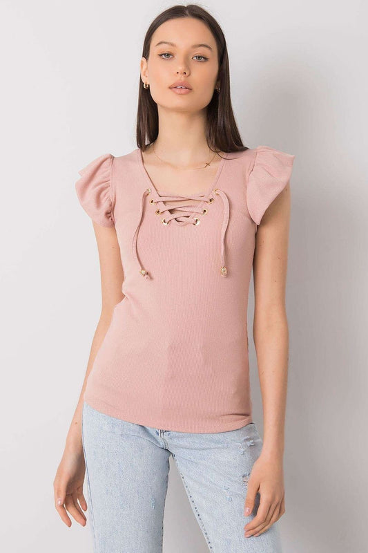 Short-Sleeve Ribbed Blouse pink / one-size-fits-all MAHYSTYLE