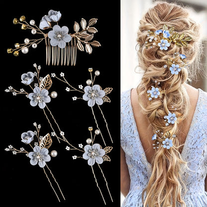 5pcs Vintage Pearl & Rhinestone Hairpins – Elegant Bridal Accessories