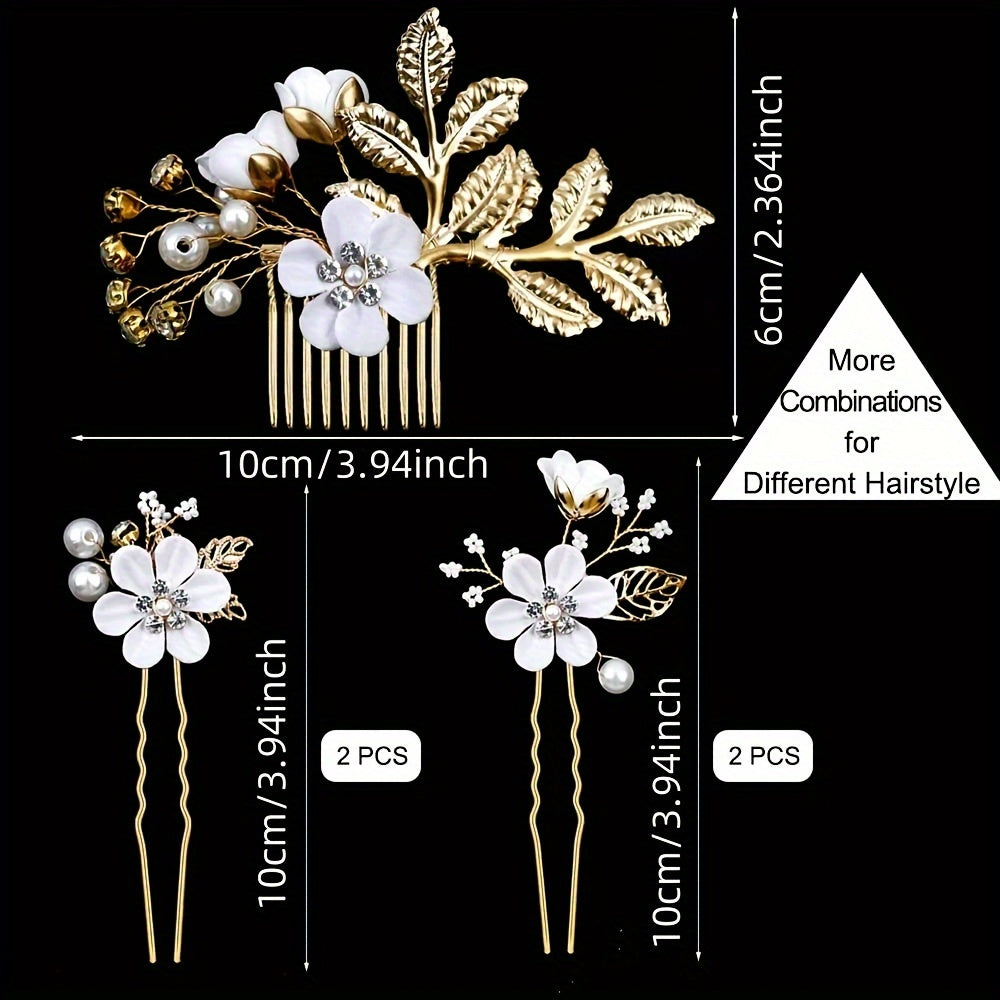 5pcs Bridal Flower Hair Clips – Pearl & Rhinestone Wedding Accessories